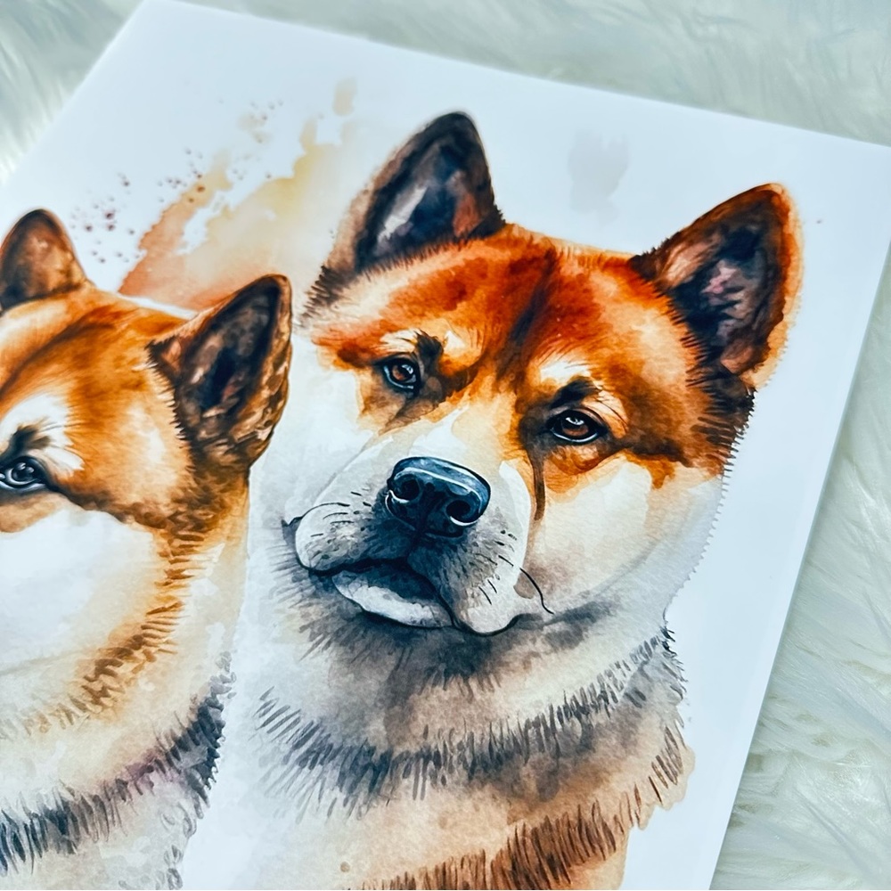 Watercolor American Akita Dogs Portrait Wall Art Illustration Print Unframed - Picture 7 of 10
